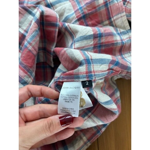 John Elliott Sly Cotton Straight Hem Plaid Shirt Red Pink White 2 Medium - Picture 4 of 6